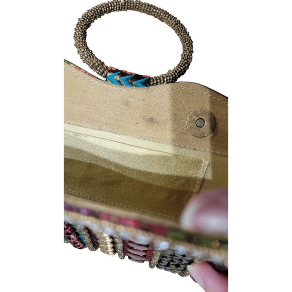 Vintage Handcrafted Multicolor Beaded Handle Clutch Purse With Floral & Geometri - Picture 4 of 7